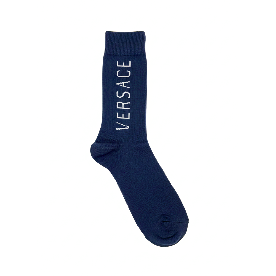 Versace socks in navy with logo lettering, available at Lestyle Boutique Melbourne