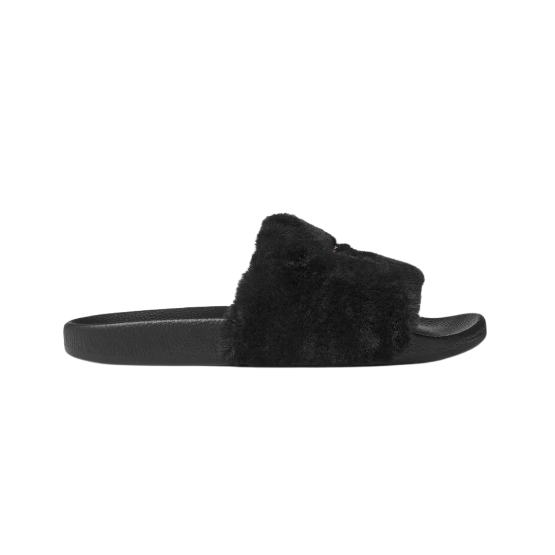 VERSACE JEANS COUTURE SLIDES with faux-fur uppers and a logo on black rubber sole, available at Lestyle Boutique Melbourne