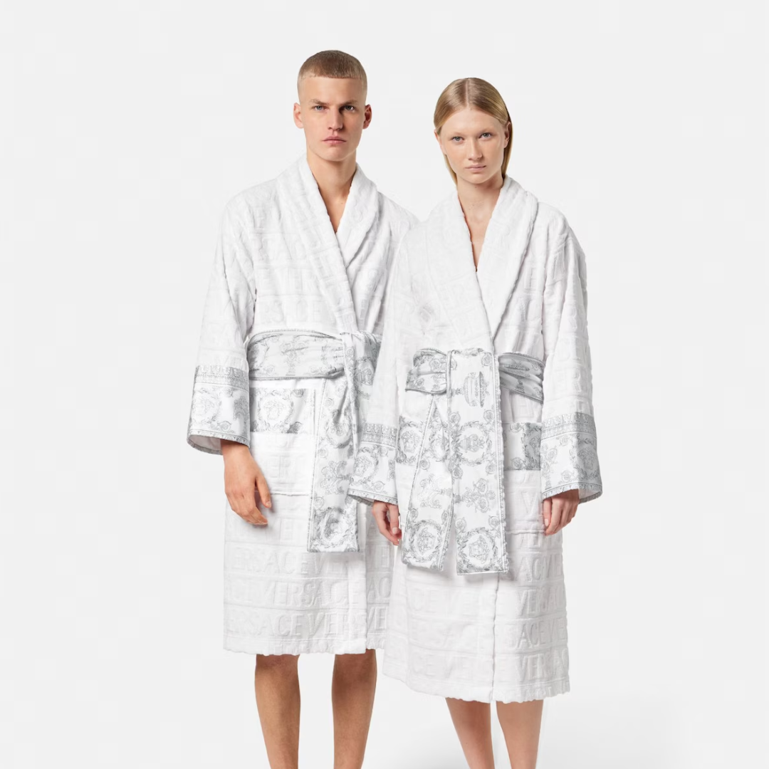 Versace bathrobe featuring tonal Versace Allover logo print with Barocco printed sleeve and wrap belt available at Lestyle Boutique Melbourne