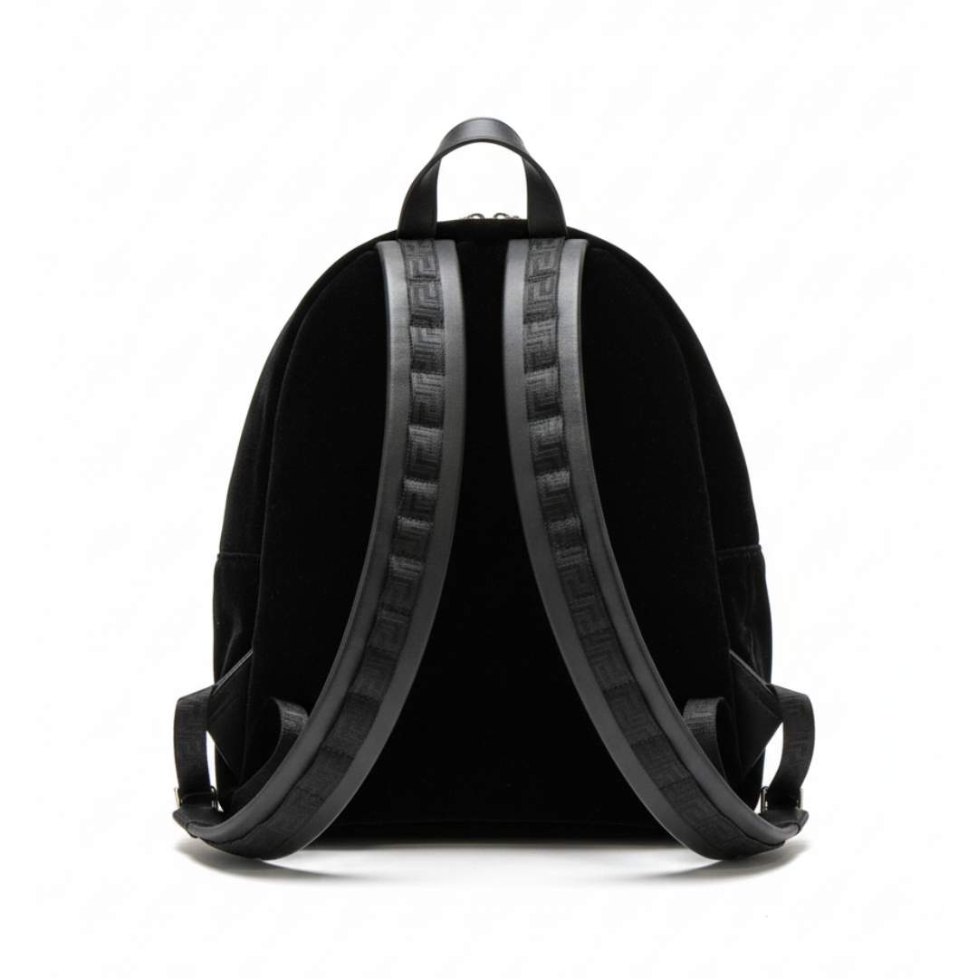 Versace backpack in black velvet with crown-embellished patch, available at Lestyle Boutique Melbourne