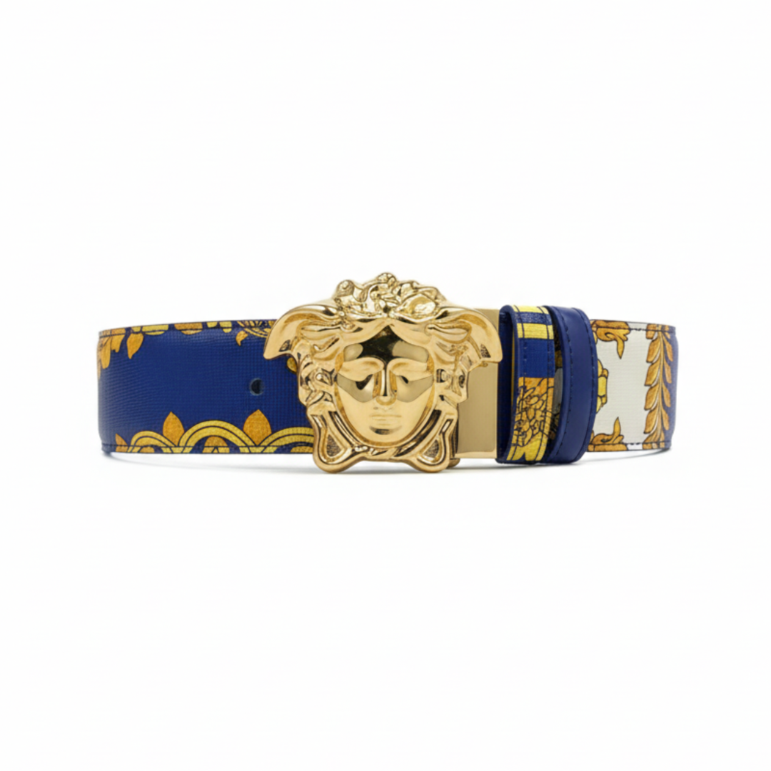 Versace belt featuring reversible Barocco design with blue side available at Lestyle Boutique Melbourne