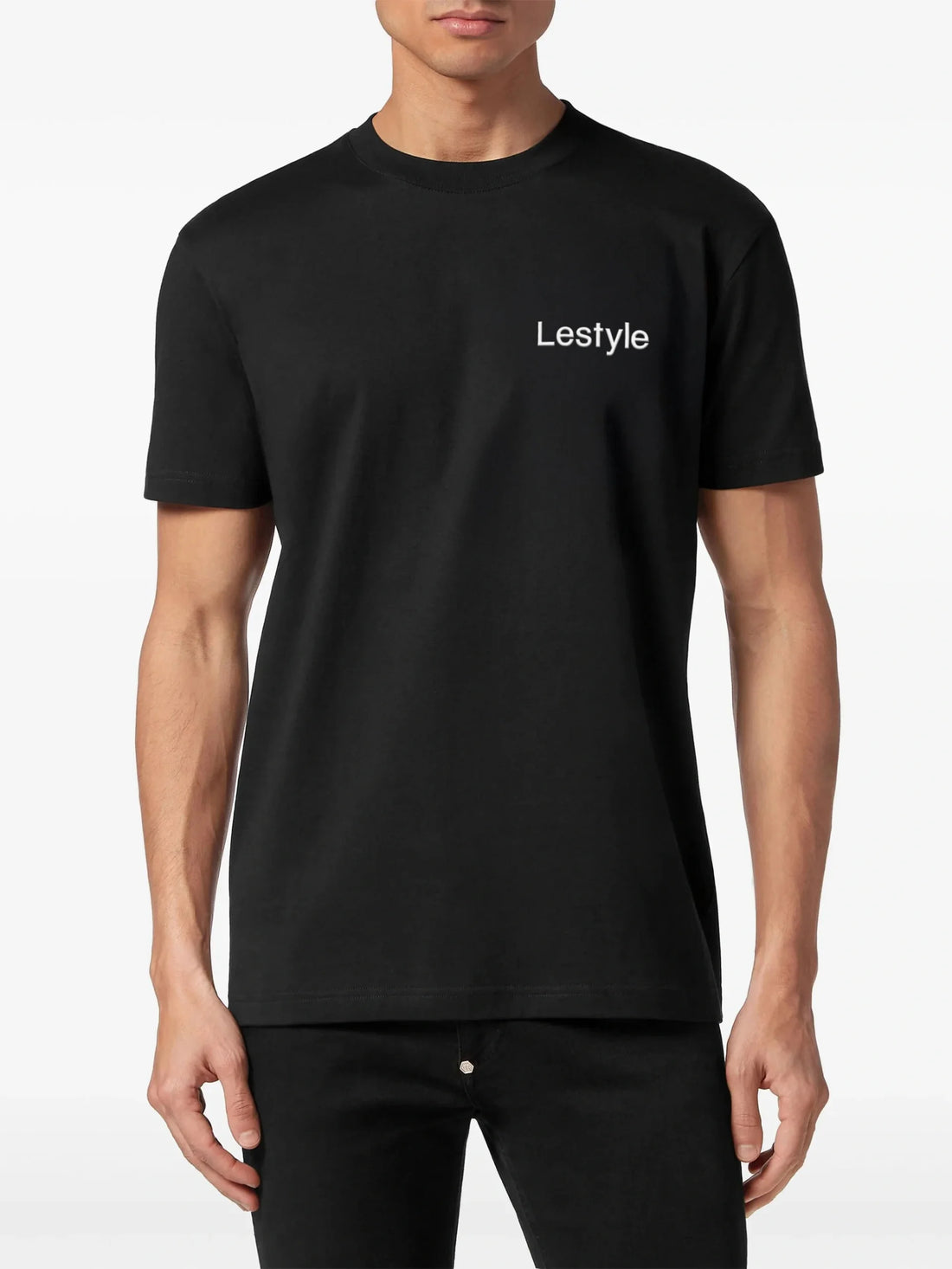 Lestyle Black T-Shirt featuring an embroidered logo on the chest, designed for casual sophistication and unmatched comfort. Available now at Lestyle Boutique.