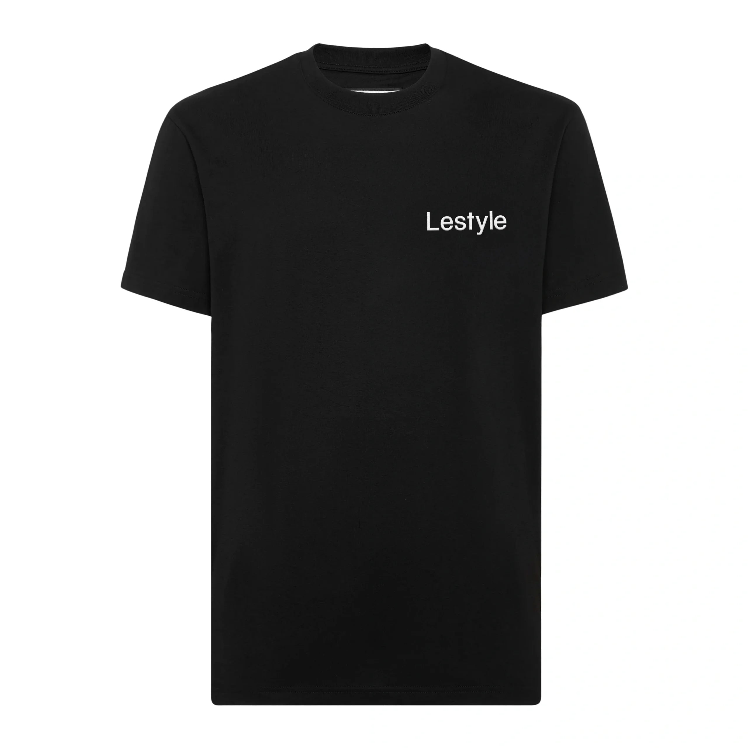Lestyle Black T-Shirt featuring an embroidered logo on the chest, designed for casual sophistication and unmatched comfort. Available now at Lestyle Boutique.