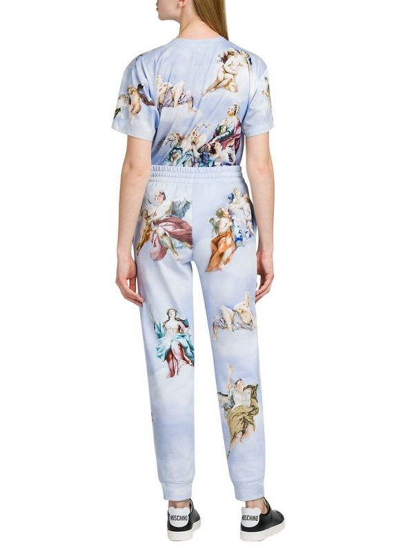 Moschino logo-print track trousers in light blue, crafted from 100% cotton, available at Lestyle Boutique Melbourne
