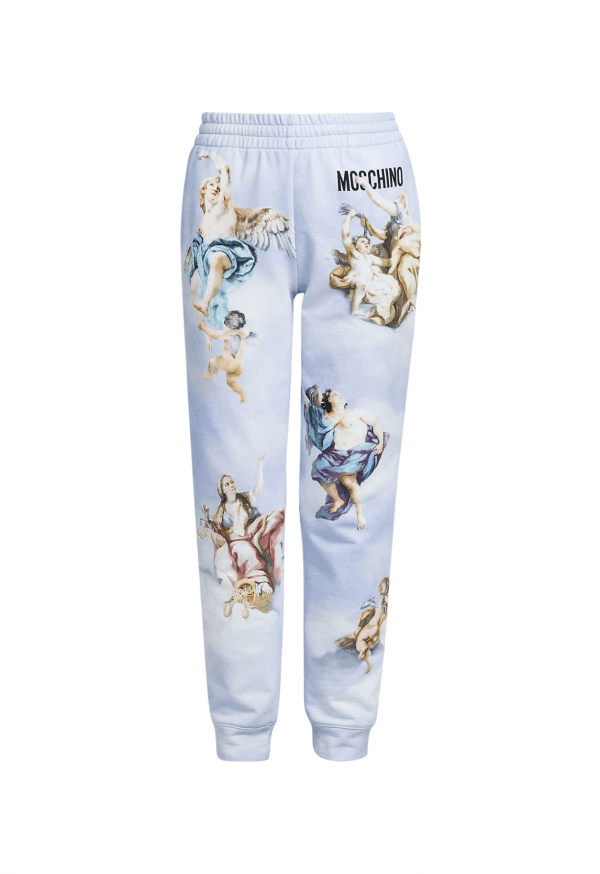 Moschino logo-print track trousers in light blue, crafted from 100% cotton, available at Lestyle Boutique Melbourne