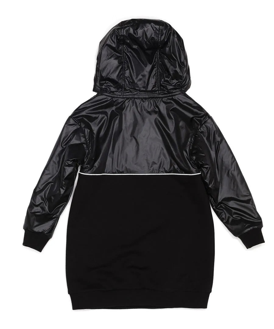 Fendi Kids black mixed material hooded dress featuring a shiny nylon upper and hood, cotton lower body and lining, long sleeves, and a white Fendi logo print across the chest, available at Lestyle Boutique 136 Little Collins St.