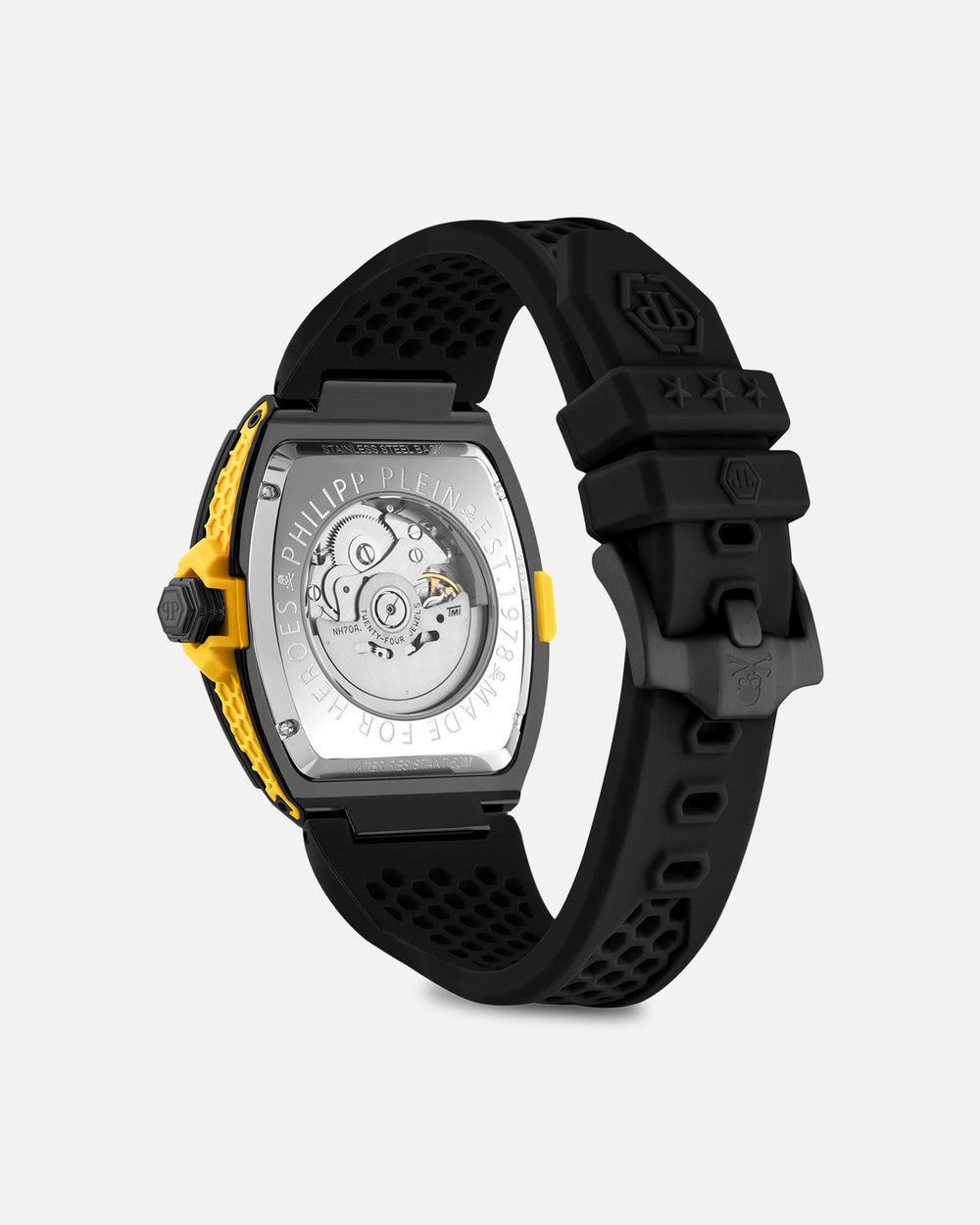 Philipp Plein Skeleton 2.0 watch featuring stainless steel case and yellow accents available at Lestyle Boutique Melbourne