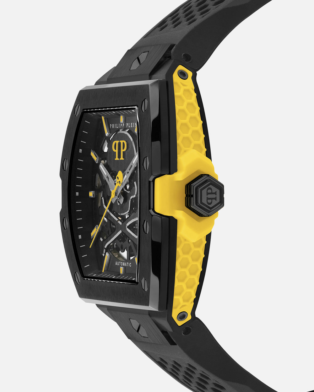 Philipp Plein Skeleton 2.0 watch featuring stainless steel case and yellow accents available at Lestyle Boutique Melbourne
