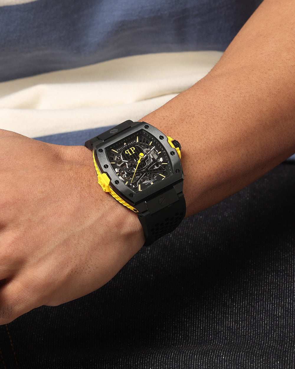 Philipp Plein Skeleton 2.0 watch featuring stainless steel case and yellow accents available at Lestyle Boutique Melbourne