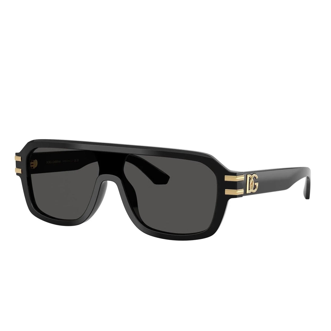 Dolce & Gabbana DG4507 sunglasses with black acetate pilot frame and solid grey lenses with gold temple accents, available at Lestyle Boutique at 136 Little Collins Street, Melbourne.