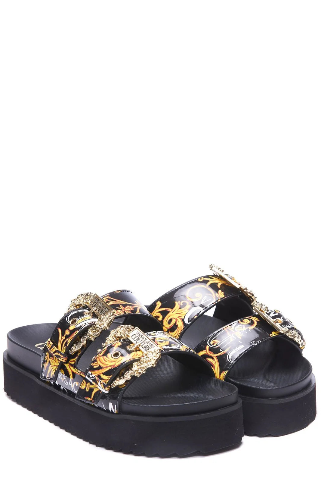 Versace Jeans Couture Thick Sole Slippers featuring a signature Baroque print, adjustable straps, and a durable rubber sole, ideal for casual and fashion-forward styling, available at Lestyle Boutique.