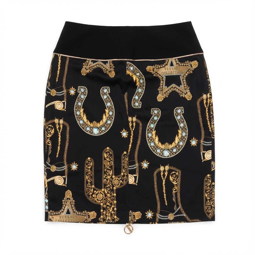 Versace skirt featuring ornate gold chain and jewel embellishment print available at Lestyle Boutique Melbourne