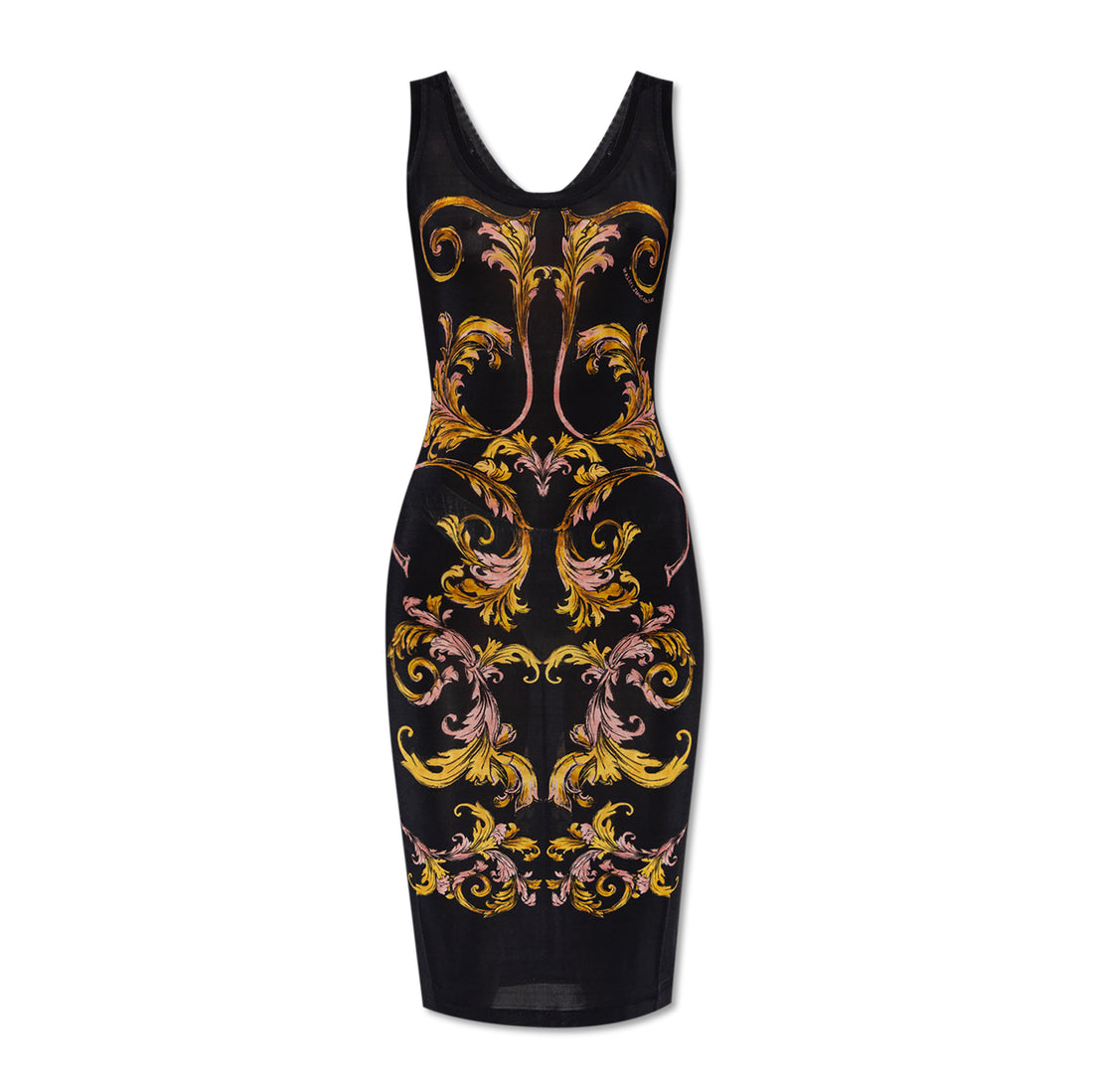 Versace Jeans Couture Black Dress featuring the Outline Barocco print in vibrant hues, designed with a fitted silhouette and elegant neckline, available at Lestyle Boutique.