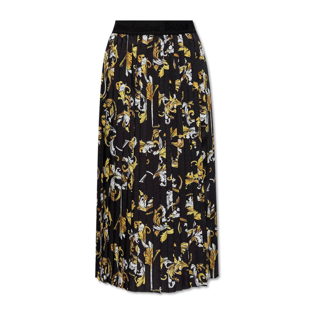Versace Jeans Couture Black Pleated Skirt adorned with a stunning Outline Barocco print, showcasing timeless elegance and modern style, available at Lestyle Boutique.