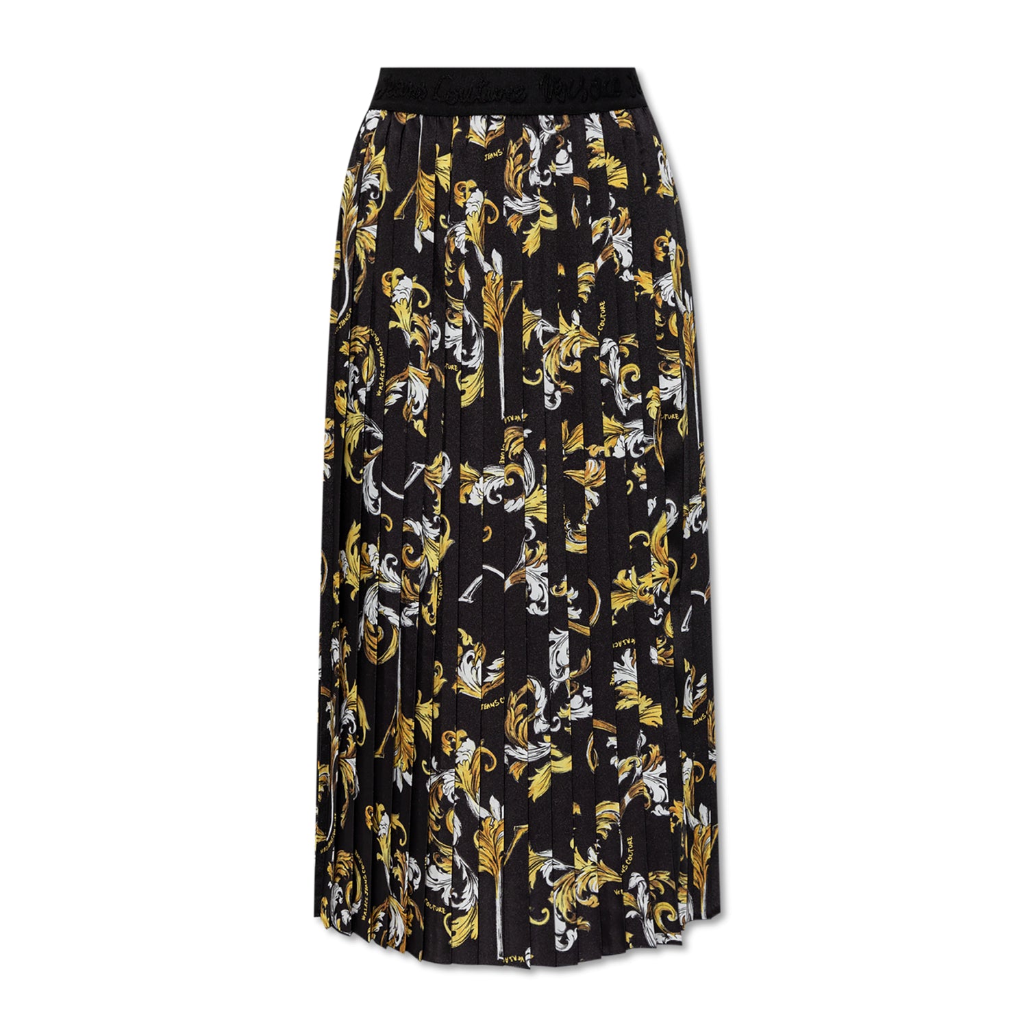 Versace Jeans Couture Black Pleated Skirt adorned with a stunning Outline Barocco print, showcasing timeless elegance and modern style, available at Lestyle Boutique.