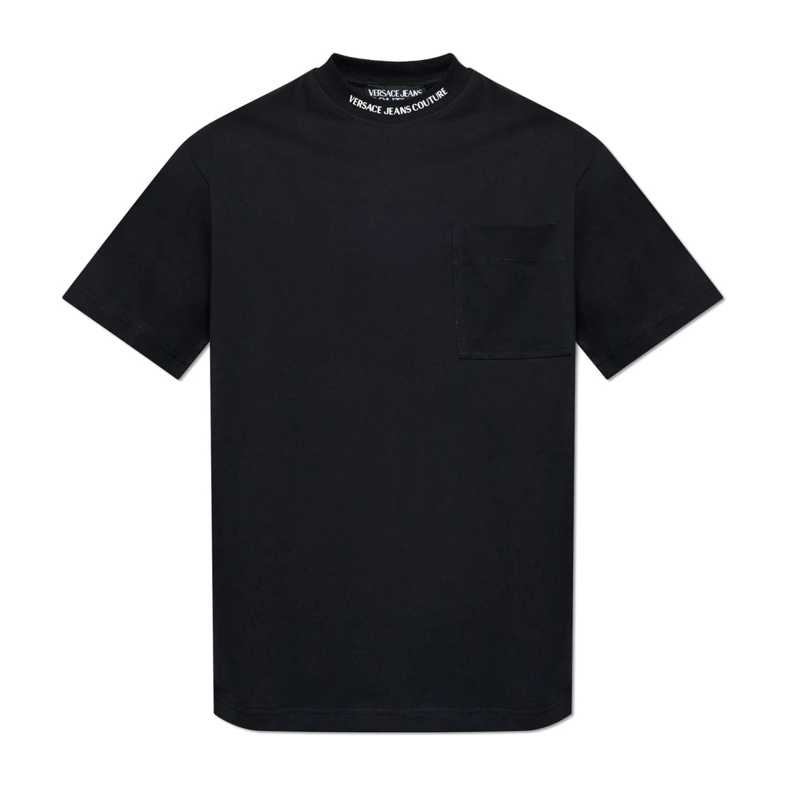 Versace Jeans Couture Black Logo Collar T-Shirt, featuring a ribbed crewneck with signature branding and a minimalist chest pocket, crafted for everyday sophistication, available at Lestyle Boutique.