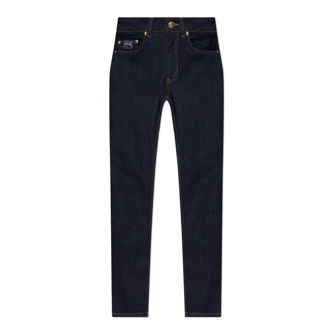 Versace Jeans Couture Navy Blue Skinny Jeans featuring contrast stitching, a signature logo patch, and a slim-fit silhouette. Crafted from premium stretch denim for all-day comfort, available at Lestyle Boutique.