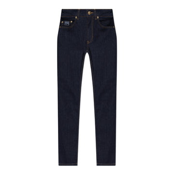 Versace Jeans Couture Navy Blue Skinny Jeans featuring contrast stitching, a signature logo patch, and a slim-fit silhouette. Crafted from premium stretch denim for all-day comfort, available at Lestyle Boutique.