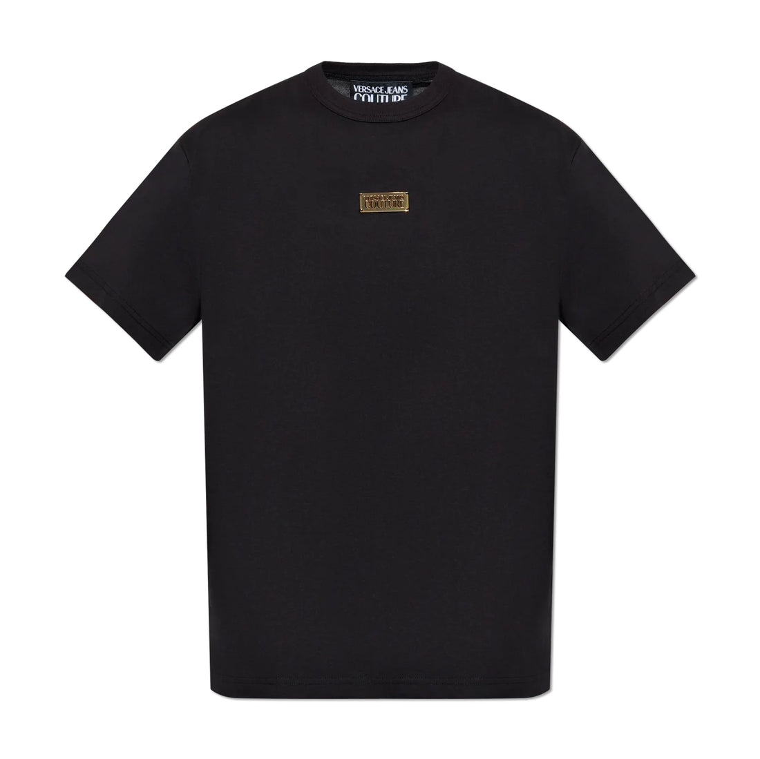 Versace Jeans Couture Metal Logo Plaque T-Shirt in black, featuring a crewneck design and signature metal logo plaque detail, combining comfort with designer aesthetics, available at Lestyle Boutique.