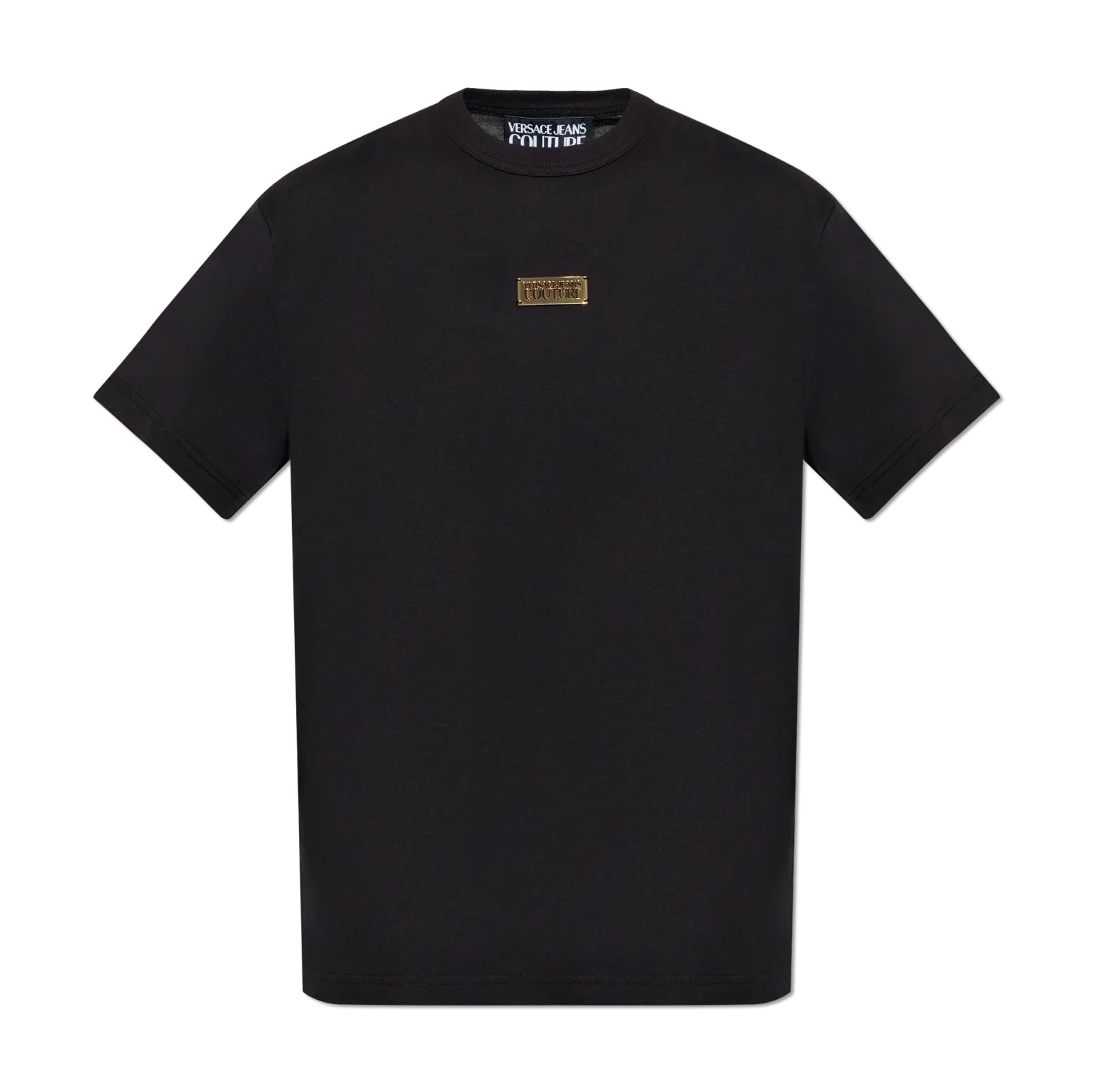 Versace Jeans Couture Metal Logo Plaque T-Shirt in black, featuring a crewneck design and signature metal logo plaque detail, combining comfort with designer aesthetics, available at Lestyle Boutique.