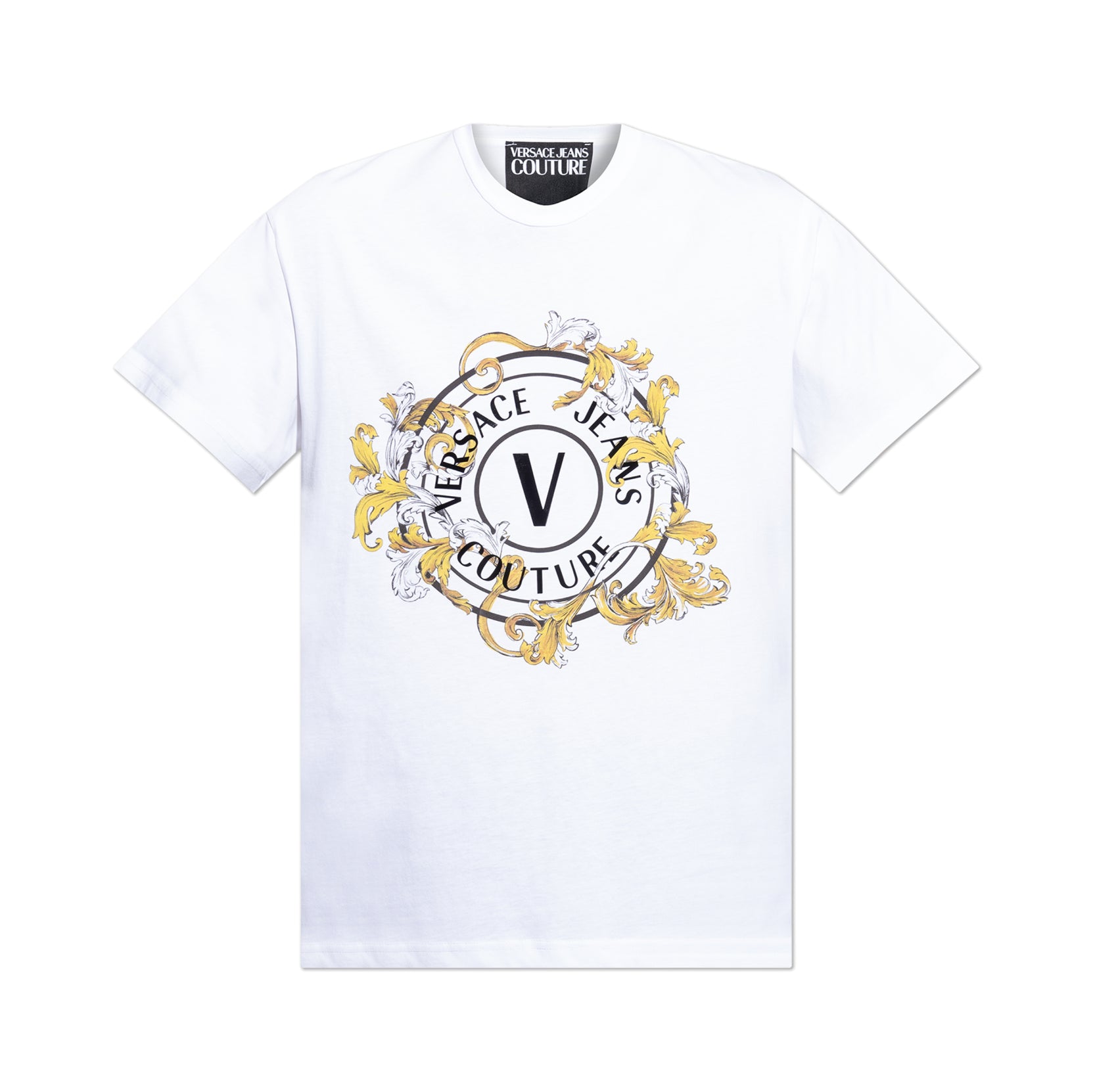 Versace Jeans Couture V-Emblem Printed Logo T-Shirt in white and gold, showcasing an intricate Barocco print surrounding the signature V-Emblem logo. A must-have luxury staple, available at Lestyle Boutique.