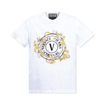 Versace Jeans Couture V-Emblem Printed Logo T-Shirt in white and gold, showcasing an intricate Barocco print surrounding the signature V-Emblem logo. A must-have luxury staple, available at Lestyle Boutique.