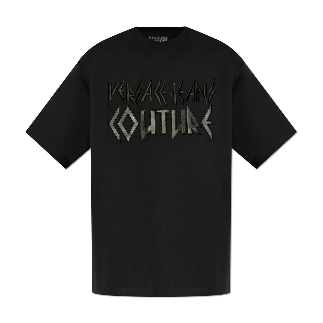 Versace Jeans Couture black T-shirt featuring an embroidered metallic logo, short sleeves, and a classic crew neck, available at Lestyle Boutique.