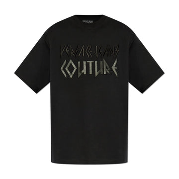 Versace Jeans Couture black T-shirt featuring an embroidered metallic logo, short sleeves, and a classic crew neck, available at Lestyle Boutique.