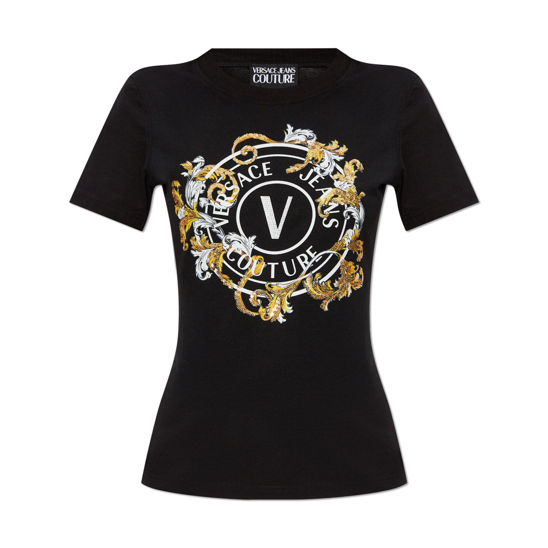 Versace Jeans Couture Black T-Shirt with shimmering appliques and decorative print, featuring the iconic V-Emblem logo, perfect for a chic street style look, available at Lestyle Boutique.