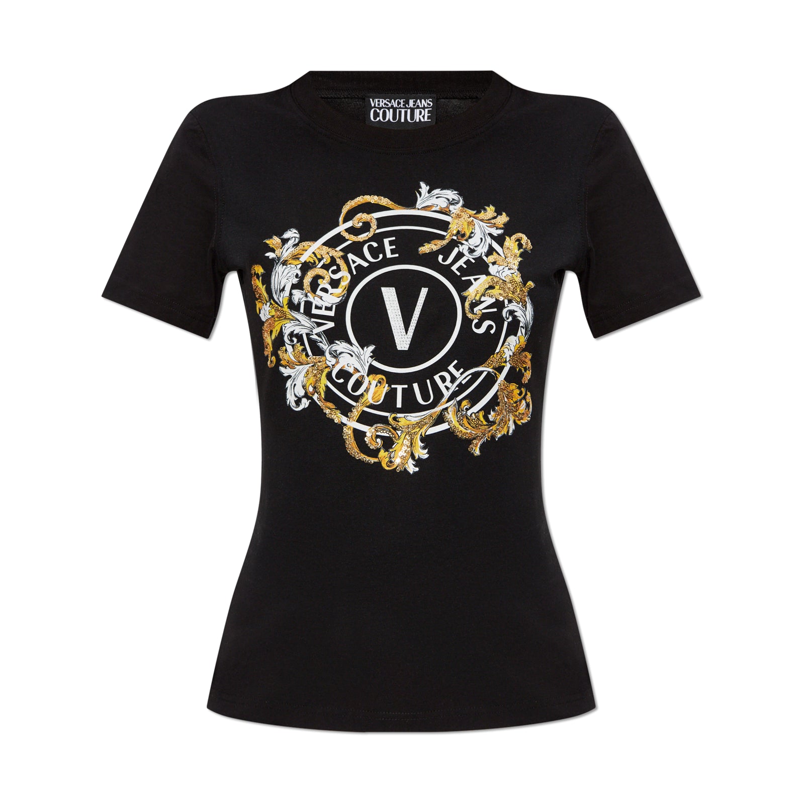 Versace Jeans Couture Black T-Shirt with shimmering appliques and decorative print, featuring the iconic V-Emblem logo, perfect for a chic street style look, available at Lestyle Boutique.