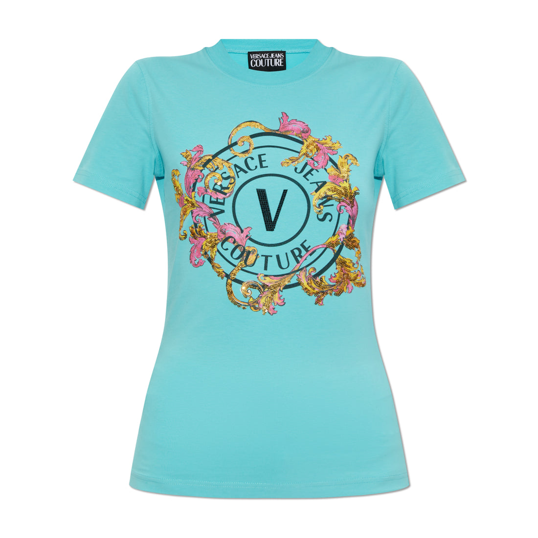 Versace Jeans Couture Blue T-Shirt featuring a decorative Barocco print and shimmering V-Emblem applique, designed for a chic and modern look, available at Lestyle Boutique.
