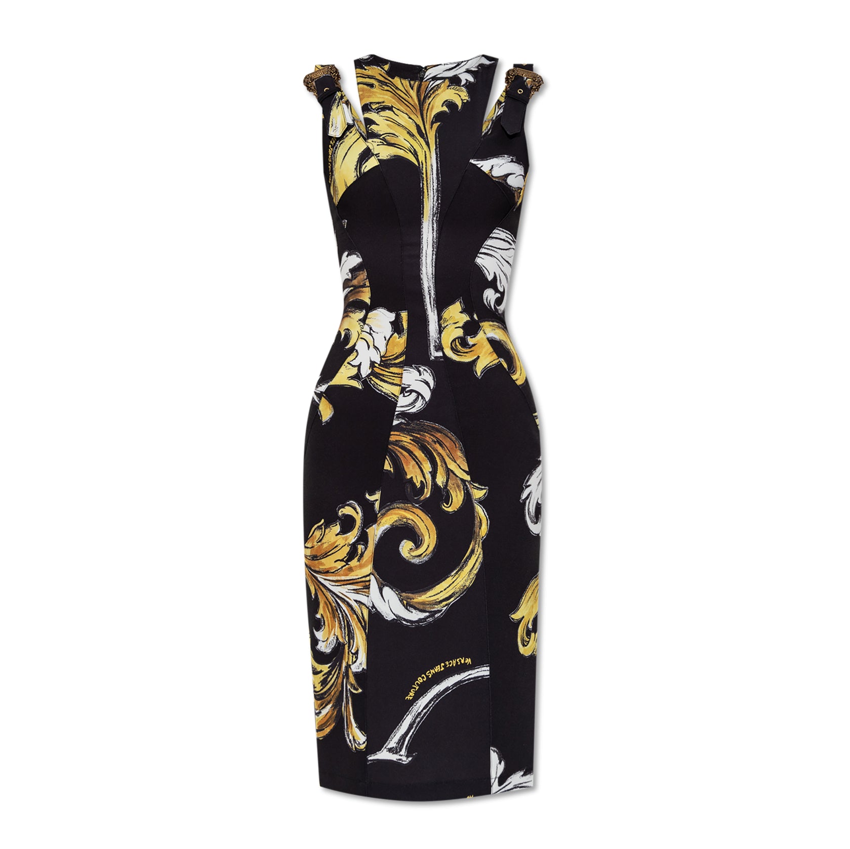 Versace Jeans Couture Black Dress with Outline Barocco Print, featuring a sleek design and luxurious baroque detailing, available at Lestyle Boutique.