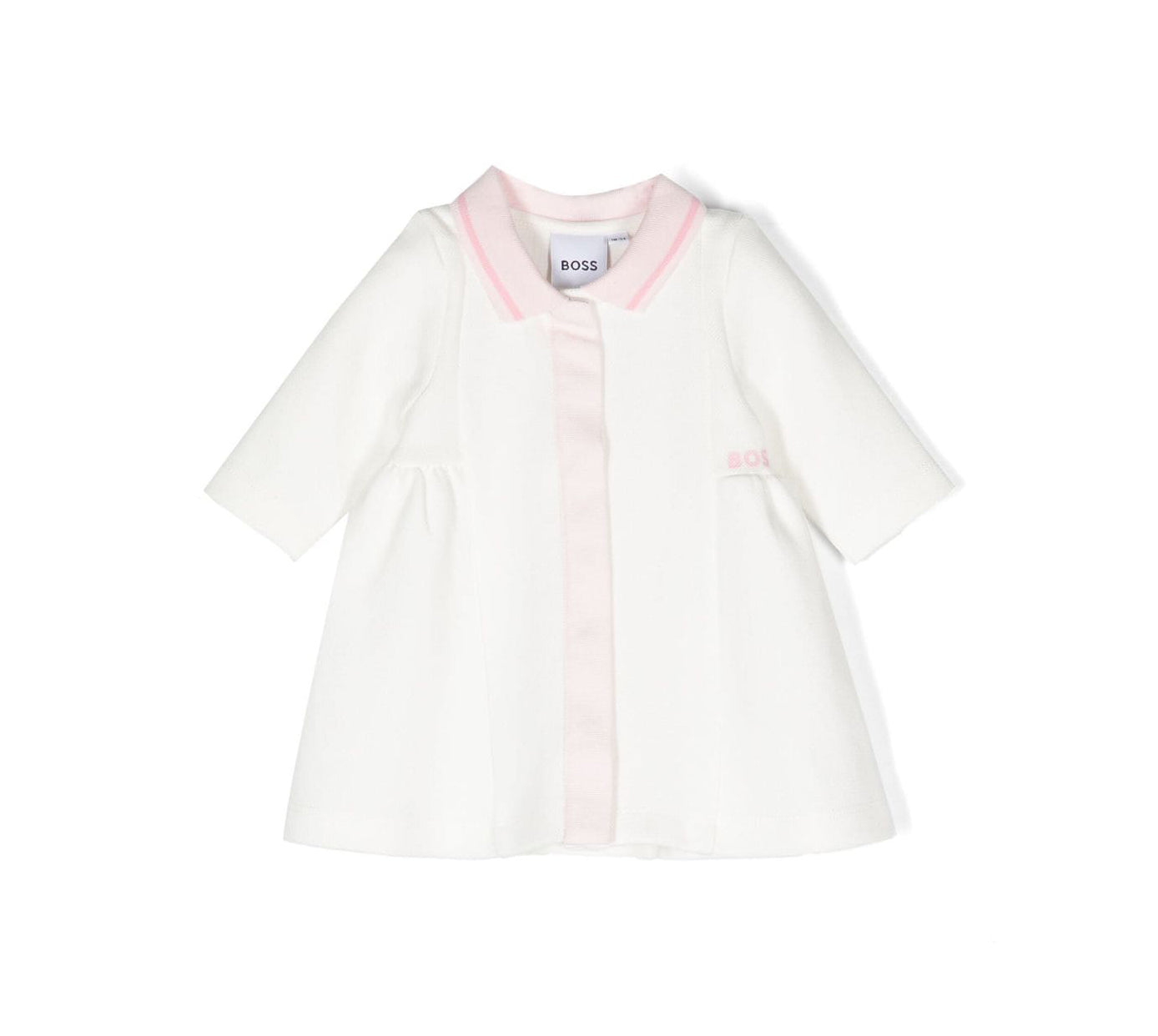 BOSS kidswear dress in off-white with light pink accents, featuring a premium cotton blend for comfort. This stylish dress includes a classic polo collar and long sleeves, perfect for young girls. The embroidered logo adds a designer touch, making it ideal for special occasions or everyday wear. Designed with a concealed front button fastening and a straight hem for a polished look, this dress is a must-have for fashionable kids. Available at Lestyle Boutique Melbourne.