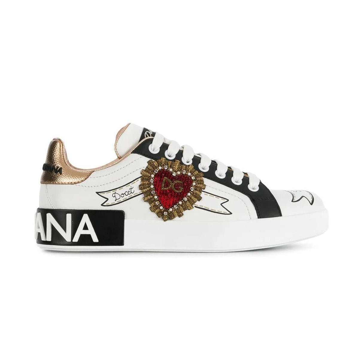 White Dolce & Gabbana sneaker with decorative heart and brand logo on a white background