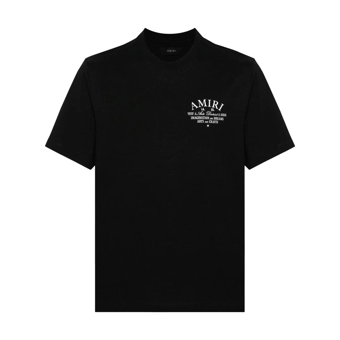 A black cotton t-shirt by AMIRI, available at Lestyle Boutique. Featuring an Arts District-inspired logo print, this tee offers timeless style and comfort for casual wear.