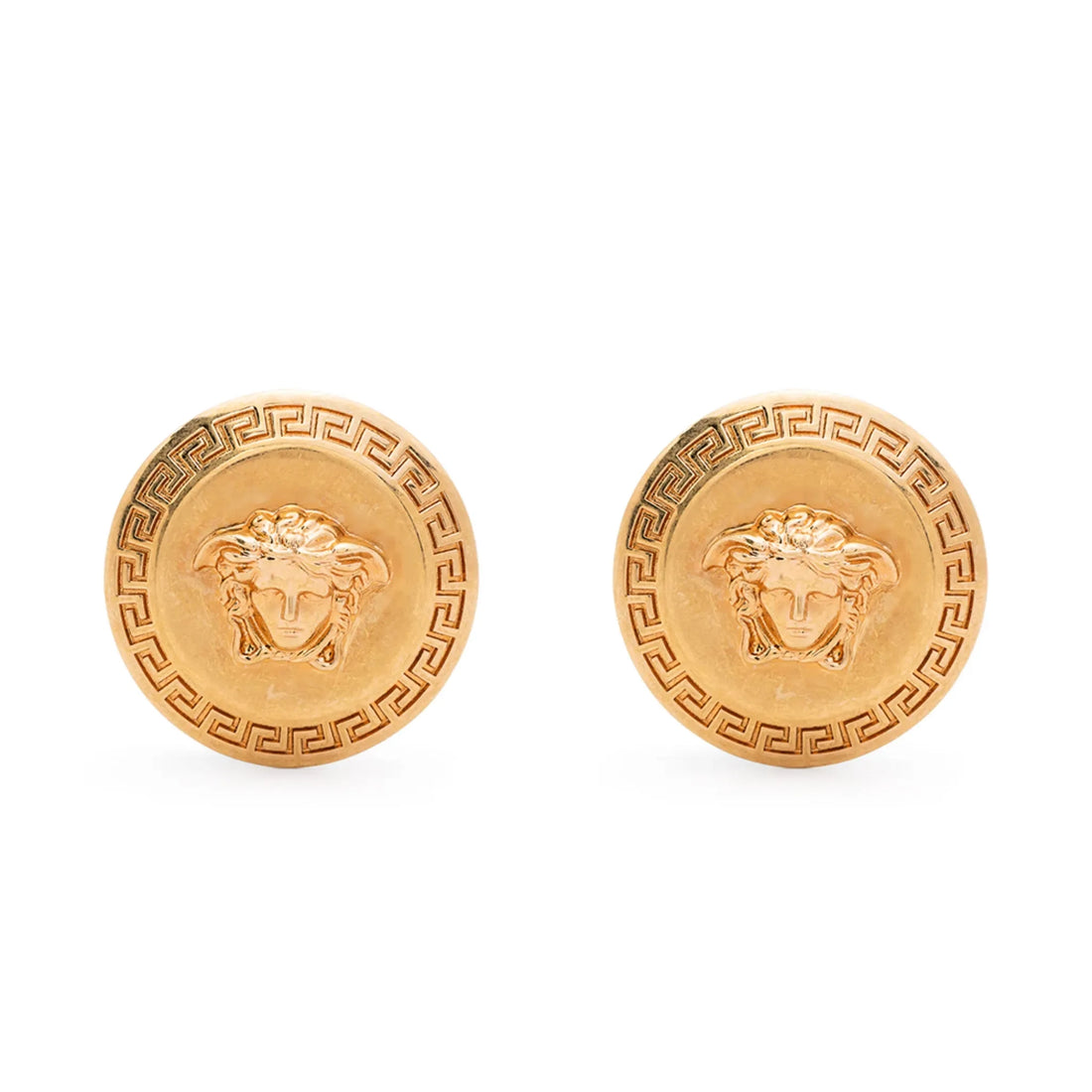 Versace Tribute Medusa Stud Earrings in gold-tone metal, featuring signature Greca detailing and the Medusa Head motif, a timeless statement piece available at Lestyle Boutique.