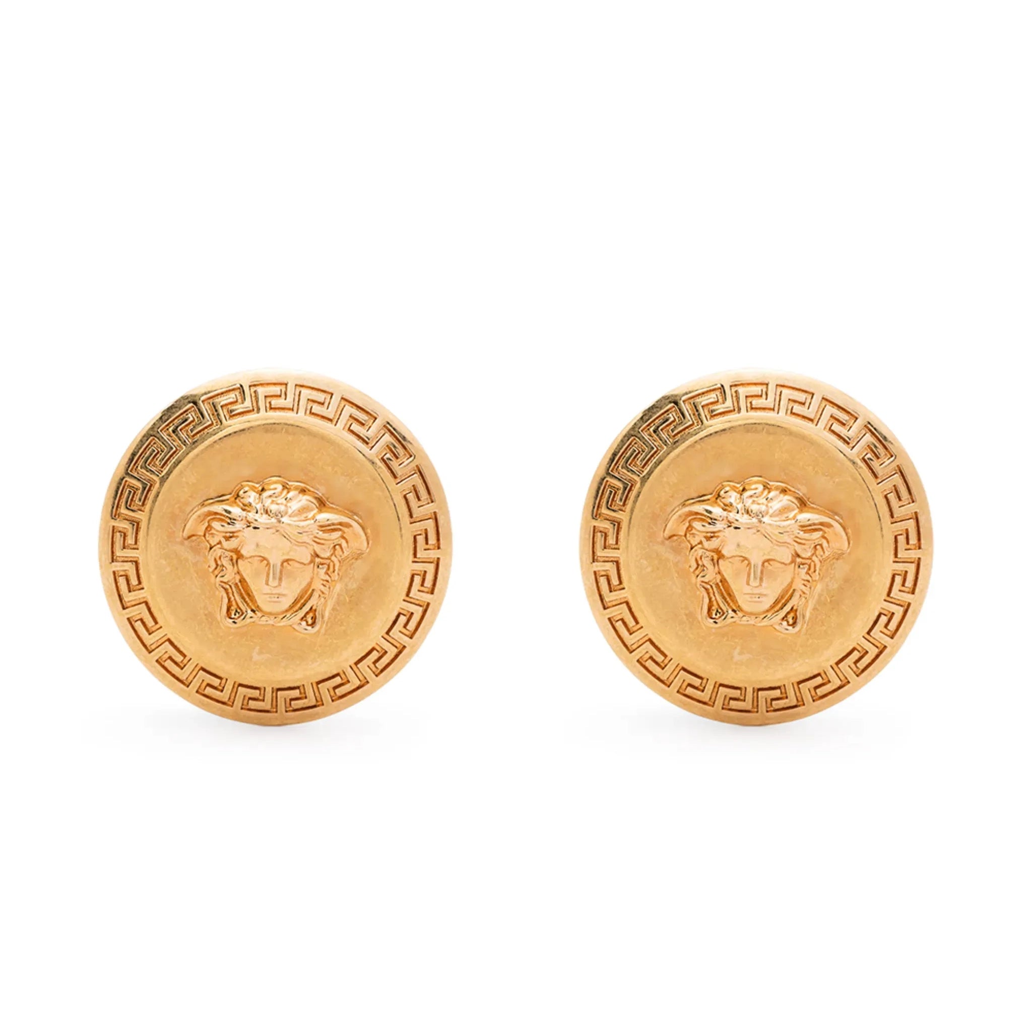 Versace Tribute Medusa Stud Earrings in gold-tone metal, featuring signature Greca detailing and the Medusa Head motif, a timeless statement piece available at Lestyle Boutique.