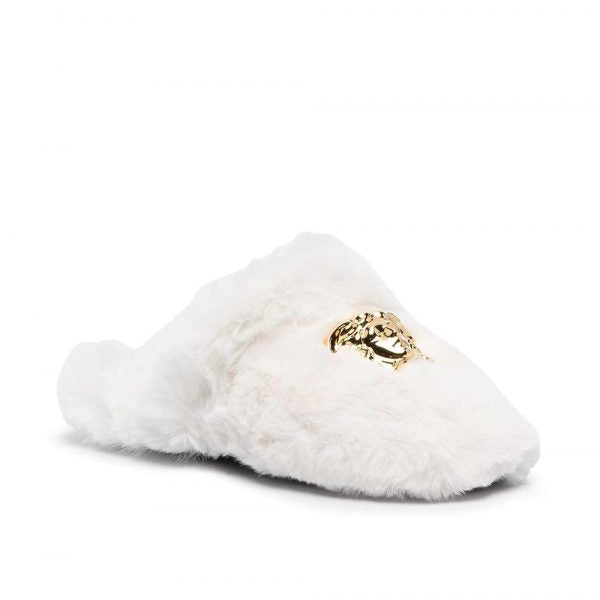 Versace Slippers featuring plush white fur with a gold Medusa emblem available at Lestyle Boutique Melbourne