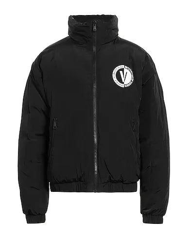 Versace Jeans Couture black polyester shell jacket with duck down filling, featuring a hood, zip fastening, zipped pockets, and an all-over tonal signature print, available at Lestyle Boutique 136 Little Collins St.