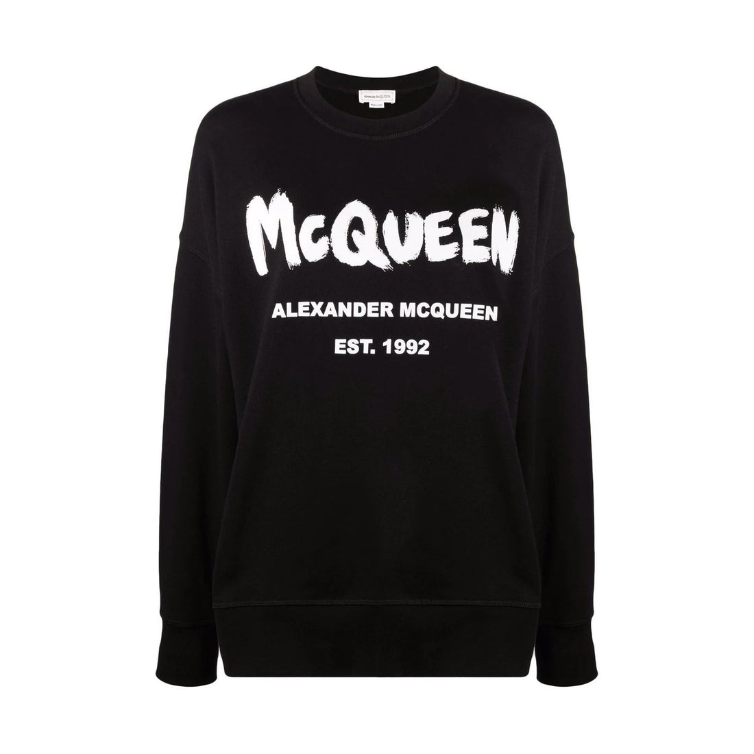 Alexander McQueen black logo-print crew neck sweatshirt featuring the iconic McQueen logo in bold white lettering. This premium designer piece showcases a relaxed fit with long sleeves, perfect for layering or casual wear. The high-quality craftsmanship is evident in the soft fabric and precise stitching, making it a luxurious addition to any wardrobe. Ideal for fashion-forward individuals seeking a statement piece for everyday wear or special occasions, available at Lestyle Boutique Melbourne.
