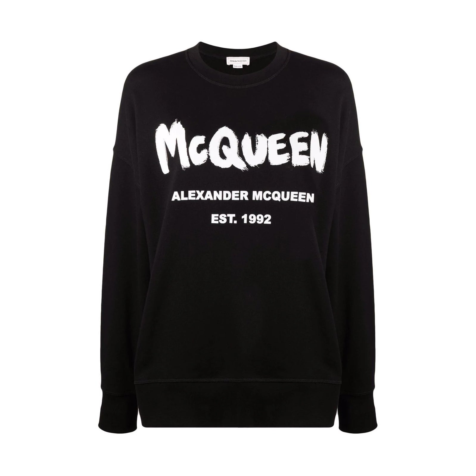 Alexander McQueen black logo-print crew neck sweatshirt featuring the iconic McQueen logo in bold white lettering. This premium designer piece showcases a relaxed fit with long sleeves, perfect for layering or casual wear. The high-quality craftsmanship is evident in the soft fabric and precise stitching, making it a luxurious addition to any wardrobe. Ideal for fashion-forward individuals seeking a statement piece for everyday wear or special occasions, available at Lestyle Boutique Melbourne.