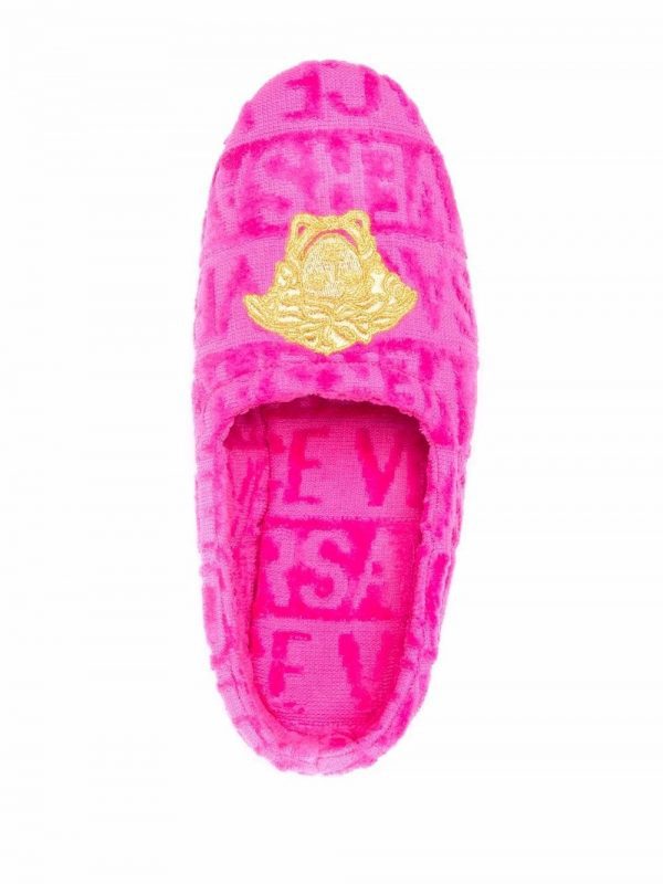 Versace slippers in pink with monogram Medusa motif and plush styling available at Lestyle Boutique Melbourne
