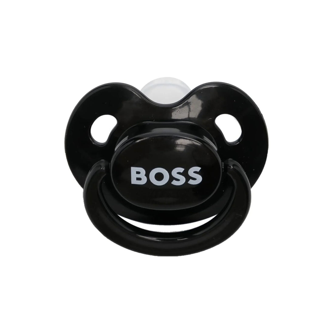 Stylish BOSS Kidswear black logo-print dummy featuring a sleek design with an easy-grip handle. This premium accessory combines practicality and luxury, making it perfect for fashionable babies. Crafted from high-quality, baby-safe materials, it ensures comfort and safety. Ideal for everyday use or as a chic gift for new parents, available at Lestyle Boutique Melbourne.