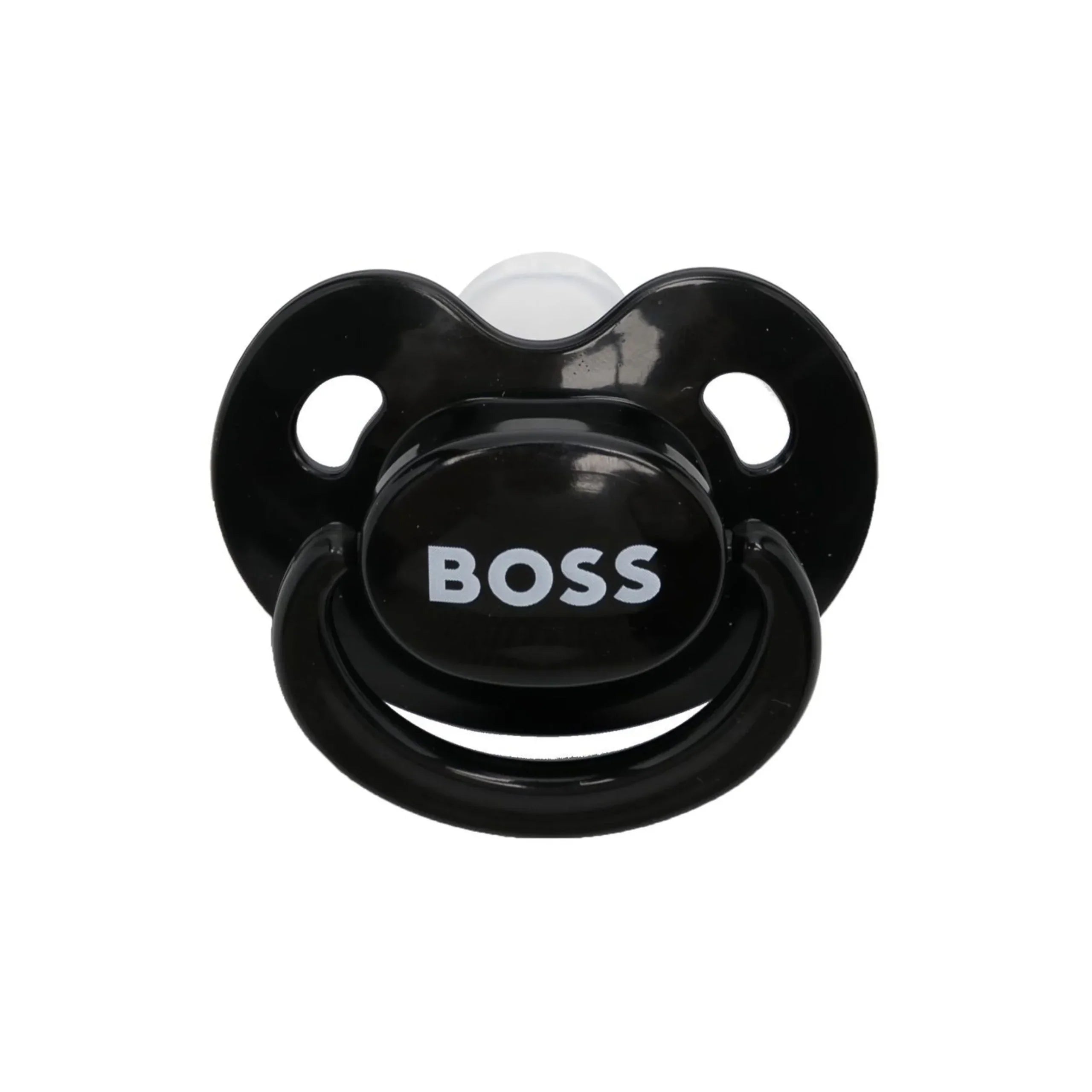 Stylish BOSS Kidswear black logo-print dummy featuring a sleek design with an easy-grip handle. This premium accessory combines practicality and luxury, making it perfect for fashionable babies. Crafted from high-quality, baby-safe materials, it ensures comfort and safety. Ideal for everyday use or as a chic gift for new parents, available at Lestyle Boutique Melbourne.
