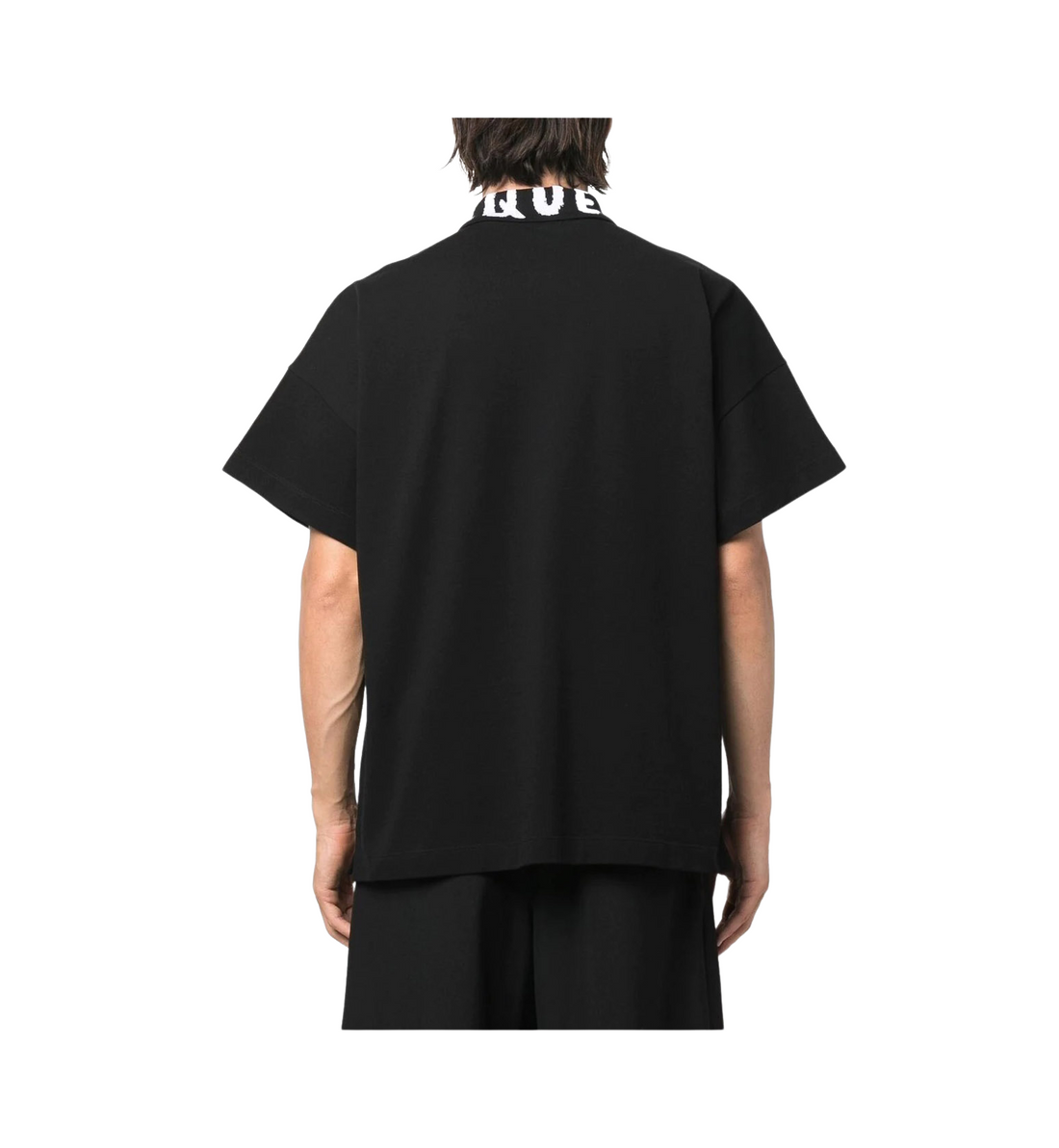 Alexander McQueen black polo shirt featuring a unique graffiti logo collar design. This luxury designer piece showcases a relaxed fit with short sleeves and a straight hem for a modern look. The premium quality fabric ensures comfort and durability, making it perfect for casual outings or stylish events. Ideal for fashion-forward individuals seeking to elevate their wardrobe with a statement piece, available at Lestyle Boutique Melbourne.