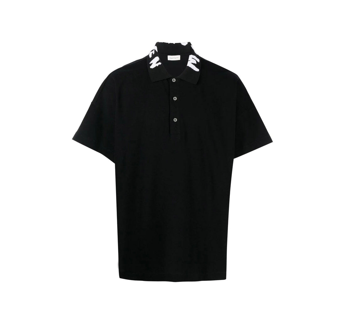 Alexander McQueen black polo shirt featuring a unique graffiti logo collar design. This luxury designer piece showcases a relaxed fit with short sleeves and a straight hem for a modern look. The premium quality fabric ensures comfort and durability, making it perfect for casual outings or stylish events. Ideal for fashion-forward individuals seeking to elevate their wardrobe with a statement piece, available at Lestyle Boutique Melbourne.
