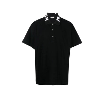 Alexander McQueen black polo shirt featuring a unique graffiti logo collar design. This luxury designer piece showcases a relaxed fit with short sleeves and a straight hem for a modern look. The premium quality fabric ensures comfort and durability, making it perfect for casual outings or stylish events. Ideal for fashion-forward individuals seeking to elevate their wardrobe with a statement piece, available at Lestyle Boutique Melbourne.