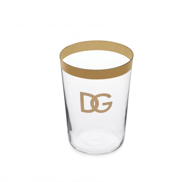 Dolce & Gabbana logo-print water glasses, gold-tone glass, available at Lestyle Boutique Melbourne
