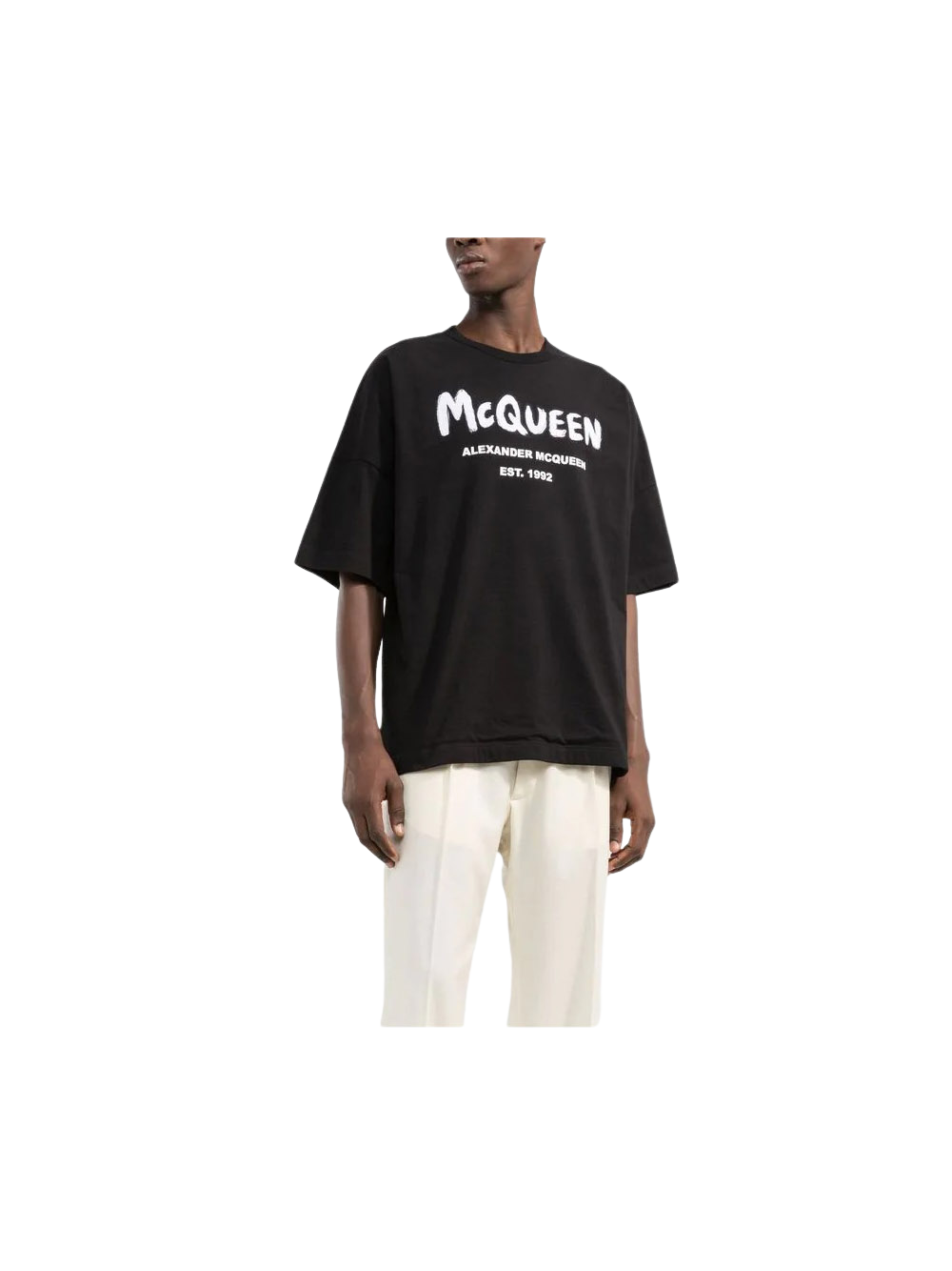 Alexander McQueen black t-shirt featuring a striking graffiti logo print that embodies urban sophistication. This premium designer piece showcases a relaxed fit with short sleeves and a straight hem, perfect for casual outings or streetwear styling. Crafted with high-quality materials, it offers both comfort and durability, making it a staple for any fashion-forward wardrobe. Ideal for those who appreciate luxury and contemporary design, available at Lestyle Boutique Melbourne.