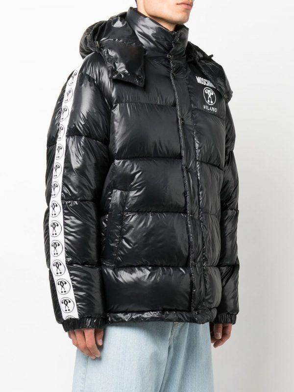 Moschino padded hooded jacket in black with white detailing, available at Lestyle Boutique Melbourne